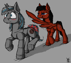 Size: 1021x899 | Tagged: safe, artist:yahmos, oc, oc only, oc:riley, pegasus, pony, unicorn, blushing, butt touch, feathermarking, gay, male, spanking, wingspank