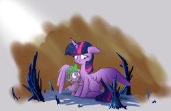 Size: 1700x1100 | Tagged: safe, artist:heir-of-rick, spike, twilight sparkle, twilight sparkle (alicorn), alicorn, dragon, pony, crystal, dark crystal, duo, lord of the rings, sad, story included, the two towers