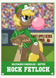 Size: 1440x1980 | Tagged: safe, artist:itstaylor-made, baseball, baseball bat, baseball cap, baseball card, bipedal leaning, bubblegum, hat, hock fetlock, hoofball, trading card