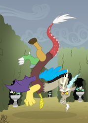 Size: 682x957 | Tagged: safe, artist:xarazura, discord, canterlot hedge maze, evil grin, floating, looking at you, solo