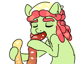 Size: 653x534 | Tagged: safe, artist:nobody, tree hugger, eating, eyes closed, gummy worm, ponified, solo