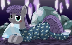 Size: 3200x2000 | Tagged: safe, artist:template93, maud pie, earth pony, pony, blanket, blushing, clothes, cute, diamond, female, footed sleeper, glow, mare, onesie, pajamas, patreon, plushie, rock, solo