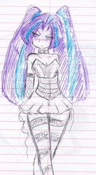 Size: 1109x2018 | Tagged: safe, artist:orochivanus, aria blaze, equestria girls, bare shoulders, blushing, choker, clothes, corset, lined paper, monochrome, neo noir, partial color, skirt, sleeveless, socks, solo, strapless, striped socks, traditional art