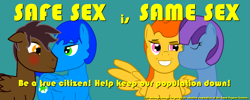 Size: 1000x400 | Tagged: safe, artist:salted pingas, oc, oc only, pegasus, pony, fallout equestria, blushing, female, gay, grand pegasus enclave, kissing, lesbian, male, nuzzling, propaganda, simple background, smiling, text, vector, wingboner