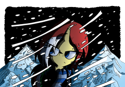 Size: 1500x1035 | Tagged: safe, artist:labba94, oc, oc only, oc:midnight eclipse, pony, unicorn, clothes, mountain, mountain range, night, scarf, snow, snowfall, solo, wind, winter, winter outfit