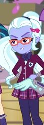 Size: 254x720 | Tagged: safe, screencap, indigo zap, sugarcoat, sunny flare, equestria girls, friendship games, clothes, cropped, crystal prep academy, crystal prep academy uniform, evil grin, school uniform, smiling, when she smiles