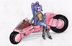 Size: 3031x1962 | Tagged: safe, artist:40kponyguy, derpibooru exclusive, aria blaze, equestria girls, akira, crossover, motorcycle, solo, traditional art, wonderbolts logo