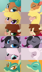 Size: 960x1620 | Tagged: safe, artist:icekatze, arizona cow, oleander, paprika paca, pom lamb, tianhuo, velvet reindeer, alpaca, classical unicorn, cow, deer, lamb, reindeer, sheep, them's fightin' herds, bust, community related, eyes closed, fightin' six, leonine tail, lineless, portrait, simple background, smiling, teeth