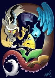 Size: 1280x1810 | Tagged: safe, artist:colourbee, discord, bill cipher, chaos magic, crossover, gravity falls