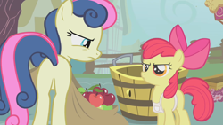 Size: 1280x720 | Tagged: safe, screencap, apple bloom, bon bon, sweetie drops, earth pony, pony, call of the cutie, apple, bon bon is not amused, duo, female, filly, foal, i didn't put those in my bag, mare, ponyville