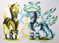 Size: 900x655 | Tagged: safe, artist:julie cotterell, paprika paca, tianhuo, alpaca, them's fightin' herds, community related, mortal kombat, pen drawing, raiden, scorpion (mortal kombat), traditional art