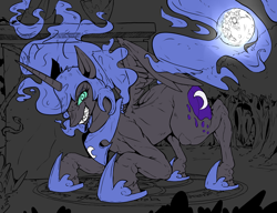 Size: 1300x1000 | Tagged: safe, artist:violise, nightmare moon, drool, forest, grin, mare in the moon, moon, solo, statue, wip