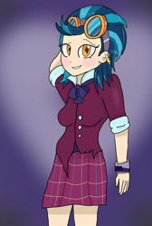 Size: 710x1059 | Tagged: safe, artist:mildockart, indigo zap, equestria girls, friendship games, arm behind head, blushing, clothes, crystal prep academy, crystal prep academy uniform, crystal prep shadowbolts, cute, goggles, looking at you, pleated skirt, school uniform, skirt, solo, zapabetes