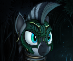 Size: 1992x1652 | Tagged: safe, artist:konsumo, zecora, zebra, the cutie re-mark, alternate timeline, bust, chrysalis resistance timeline, everfree forest, mask, portrait, resistance leader zecora, shadow, solo