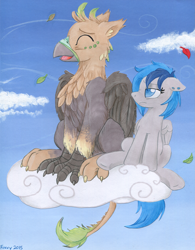 Size: 2533x3249 | Tagged: safe, artist:foxxy-arts, oc, oc only, oc:ralek, oc:sapphire sights, griffon, pegasus, pony, breeze, cloud, paws, size difference, sky, talons, tired, tongue out, traditional art, wind