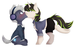 Size: 1024x646 | Tagged: safe, artist:oddends, oc, oc only, oc:beat, oc:plot frequency, earth pony, pony, unicorn, bedroom eyes, blushing, clothes, female, hoodie, hot pants, jacket, kissing, male, oc x oc, shipping, simple background, sitting, straight, surprise kiss, surprised, transparent background