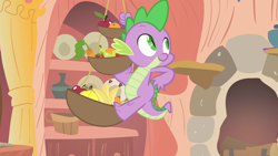 Size: 1366x768 | Tagged: safe, screencap, spike, dragon, owl's well that ends well, fruit, solo