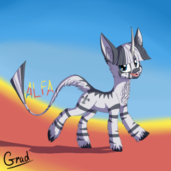 Size: 1068x1065 | Tagged: safe, artist:gradoge, oc, oc only, oc:alfa stropper, classical unicorn, zebra, zebracorn, leonine tail, monicorn, solo, zebra hybrid, zebra oc