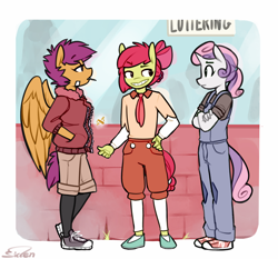 Size: 900x837 | Tagged: safe, artist:siden, apple bloom, scootaloo, sweetie belle, oc, oc only, oc:apple spritzer, oc:marble, oc:plume, anthro, alternate universe, clothes, converse, cutie mark crusaders, manehattan city mavericks, shoes, ultimare universe