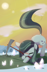 Size: 3300x5100 | Tagged: safe, artist:kryptchild, marble pie, earth pony, pony, hearthbreakers, blushing, cute, eyes closed, female, marblebetes, mare, pickaxe, snow, solo