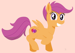 Size: 1242x875 | Tagged: safe, artist:i_luv_scootaloo, scootaloo, pegasus, pony, crusaders of the lost mark, cutie mark, female, filly, looking at you, pink background, raised hoof, simple background, smiling, solo, spread wings, the cmc's cutie marks, wings
