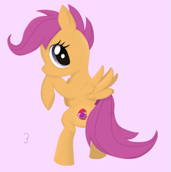 Size: 895x897 | Tagged: safe, artist:i_luv_scootaloo, scootaloo, pegasus, pony, crusaders of the lost mark, cutie mark, female, filly, looking at you, looking back, looking back at you, purple background, rearing, simple background, solo, spread wings, the cmc's cutie marks, wings