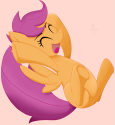 Size: 745x811 | Tagged: safe, artist:i_luv_scootaloo, scootaloo, pegasus, pony, eyes closed, female, filly, open mouth, pink background, simple background, solo, spread wings, underhoof, wings