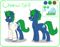 Size: 1280x1002 | Tagged: safe, artist:swiftsketchpone, oc, oc only, oc:chemical spill, pony, unicorn, clothes, lab coat, reference sheet, solo