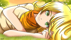 Size: 3840x2160 | Tagged: safe, artist:ciderpunk, derpibooru exclusive, oc, oc only, oc:applesunrise, human, clothes, cute, grass, humanized, humanized oc, looking at you, lying down, on side, scarf, solo, sunset