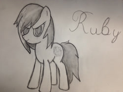 Size: 1280x960 | Tagged: safe, artist:mranthony2, evil grin, looking at you, monochrome, ponified, ruby rose, rwby, solo, traditional art
