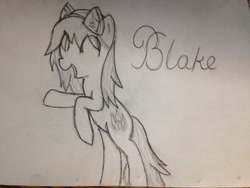 Size: 1280x960 | Tagged: safe, artist:mranthony2, blake belladonna, happy, hooves in air, monochrome, ponified, rwby, solo, traditional art