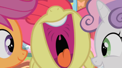 Size: 852x480 | Tagged: safe, screencap, apple bloom, scootaloo, sweetie belle, stare master, cutie mark crusaders, nose in the air, open mouth, uvula, volumetric mouth