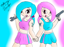 Size: 8681x6360 | Tagged: safe, artist:stormy-draws, oc, oc only, oc:diamond sunset, anthro, absurd resolution, anthro oc, gun, twins, weapon