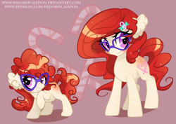 Size: 2912x2059 | Tagged: safe, artist:wilvarin-liadon, twist, earth pony, pony, blushing, cutie mark background, ear fluff, female, filly, glasses, mare, older, raised hoof, smiling, solo