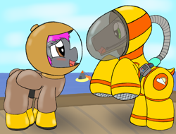 Size: 2048x1556 | Tagged: safe, artist:wingcommanderrudoji, oc, oc only, oc:contrail, oc:crash dive, earth pony, pegasus, pony, air tank, astronaut, bipedal, blushing, excited, helmet, ocean, parachute, pier, rocket, spacesuit, splashdown