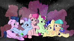 Size: 3211x1800 | Tagged: safe, artist:allyclaw, limelight, earth pony, pony, the mane attraction, background dancers, disco fever, glitter, group, lounging, male, new wave (character), smooth move, spectrum shades, stallion, turbo bass