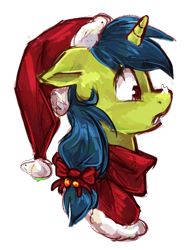 Size: 789x1017 | Tagged: safe, artist:johling, oc, oc only, oc:magical disaster, pony, unicorn, bow, bust, cute, hair bow, hat, profile, santa hat, simple background, snow, snow on nose, surprised, transparent background