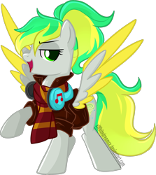Size: 1593x1786 | Tagged: safe, artist:xwhitedreamsx, oc, oc only, oc:natural disaster, pegasus, pony, clothes, female, green eyes, headphones, jacket, looking at you, mare, open mouth, ponytail, scarf, simple background, solo, spread wings, transparent background