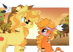 Size: 1666x1197 | Tagged: safe, artist:kaatseye, braeburn, little strongheart, blushing, braeheart, feather, female, male, shipping, straight, tribal