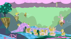 Size: 3552x1942 | Tagged: safe, artist:zvn, the return of harmony, chaos, cloud, cotton candy, cotton candy cloud, discorded landscape, floating island, food, green sky, no pony, ponyville, scenery