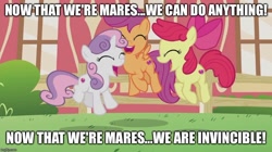 Size: 888x499 | Tagged: safe, apple bloom, scootaloo, sweetie belle, crusaders of the lost mark, cutie mark, cutie mark crusaders, image macro, meme, song reference, spongebob squarepants, the cmc's cutie marks, the spongebob squarepants movie