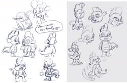 Size: 1816x1190 | Tagged: safe, artist:post-it, owlowiscious, spike, dragon, coffee, doll, jesus christ how horrifying, monochrome, moustache, sketch, sketch dump, toy