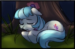 Size: 800x520 | Tagged: safe, artist:starshinebeast, coco pommel, earth pony, pony, crying, female, mare, sad, sleeping, solo