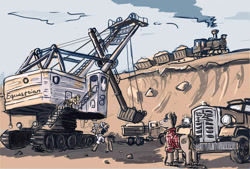 Size: 1600x1080 | Tagged: safe, artist:agm, excavator, industrial, quarry, train, truck