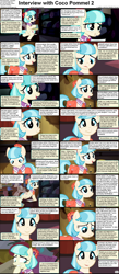 Size: 1282x2947 | Tagged: safe, coco pommel, earth pony, pony, comic:celestia's servant interview, book, bulletin board, caption, comic, cs captions, fabric, female, hoof in mouth, interview, manehattan, mare, solo