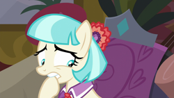 Size: 1280x720 | Tagged: safe, screencap, coco pommel, made in manehattan, hoof biting, nervous, solo