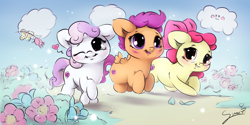 Size: 1000x500 | Tagged: safe, artist:sverre93, apple bloom, scootaloo, sweetie belle, butterfly, earth pony, pegasus, pony, unicorn, crusaders of the lost mark, :3, adorabloom, backwards cutie mark, blushing, bow, chibi, cloud, colored sketch, cute, cutealoo, cutie mark, cutie mark crusaders, diasweetes, female, filly, flower, grass, hair bow, one eye closed, open mouth, smiling, sverre is trying to murder us, the cmc's cutie marks, weapons-grade cute, wink