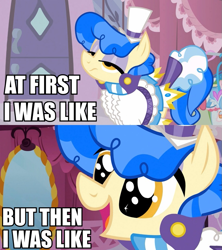 Size: 853x960 | Tagged: safe, edit, edited screencap, screencap, sapphire shores, earth pony, pony, a dog and pony show, artifact, at first i was like but then i was like, caption, comic, cute, eye sparkles, female, image macro, impact font, mare, meme, sapphire sweetness, screencap comic, solo, wingding eyes