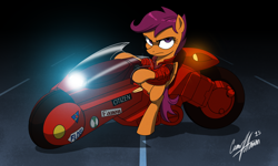 Size: 5100x3070 | Tagged: safe, artist:ceehoff, scootaloo, pegasus, pony, akira, badass, crossover, female, filly, motorcycle, parody, scene parody, solo