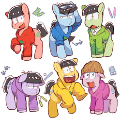 Size: 879x862 | Tagged: safe, artist:jirousan, baseball, baseball bat, beanie, cellphone, choromatsu, clothes, cutie mark, double dubs, dubs, get, hat, hoodie, ichimatsu, jyuushimatsu, karamatsu, money, osomatsu, osomatsu-san, phone, ponified, sunglasses, sweater, todomatsu